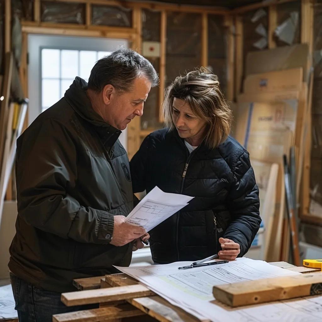 Homeowner consulting with a general contractor at a renovation site, emphasizing collaboration and planning
