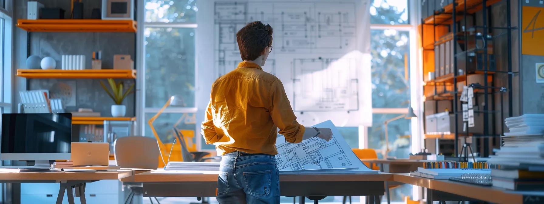 a modern office setting showcases a confident contractor reviewing detailed blueprints and project plans at a sleek conference table, with a backdrop of dynamic sketches and construction materials neatly arranged, emphasizing a professional and organized approach to the contractor service process.