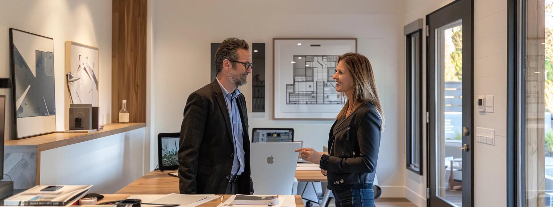 an engaged homeowner stands confidently in a modern office setting, consulting with a knowledgeable contractor who presents a sleek portfolio of completed renovation projects, showcasing quality craftsmanship and professionalism.