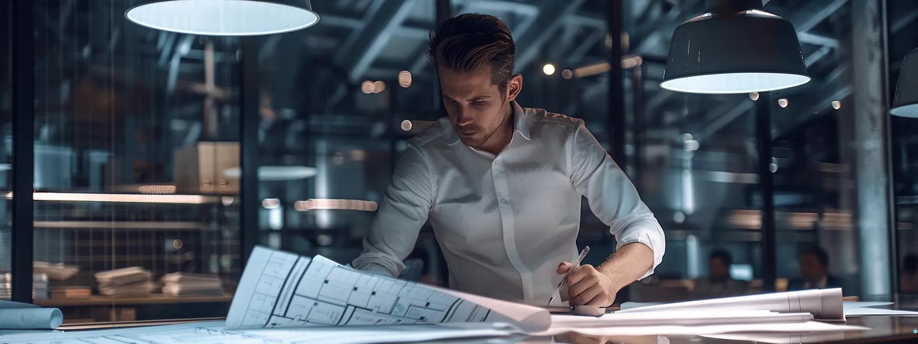 a focused contractor reviews building plans in a sleek, modern office filled with architectural blueprints and regulatory documents, illuminated by bright overhead lights that emphasize the importance of compliance and safety in construction projects.