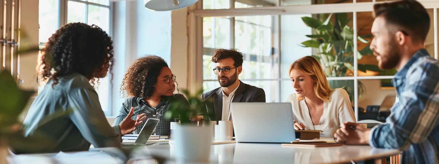 a sleek, modern office setting showcases a diverse group of professionals engaged in a focused discussion, surrounded by detailed contractor quotes and estimates displayed on laptops and tablets, emphasizing collaboration in the decision-making process.