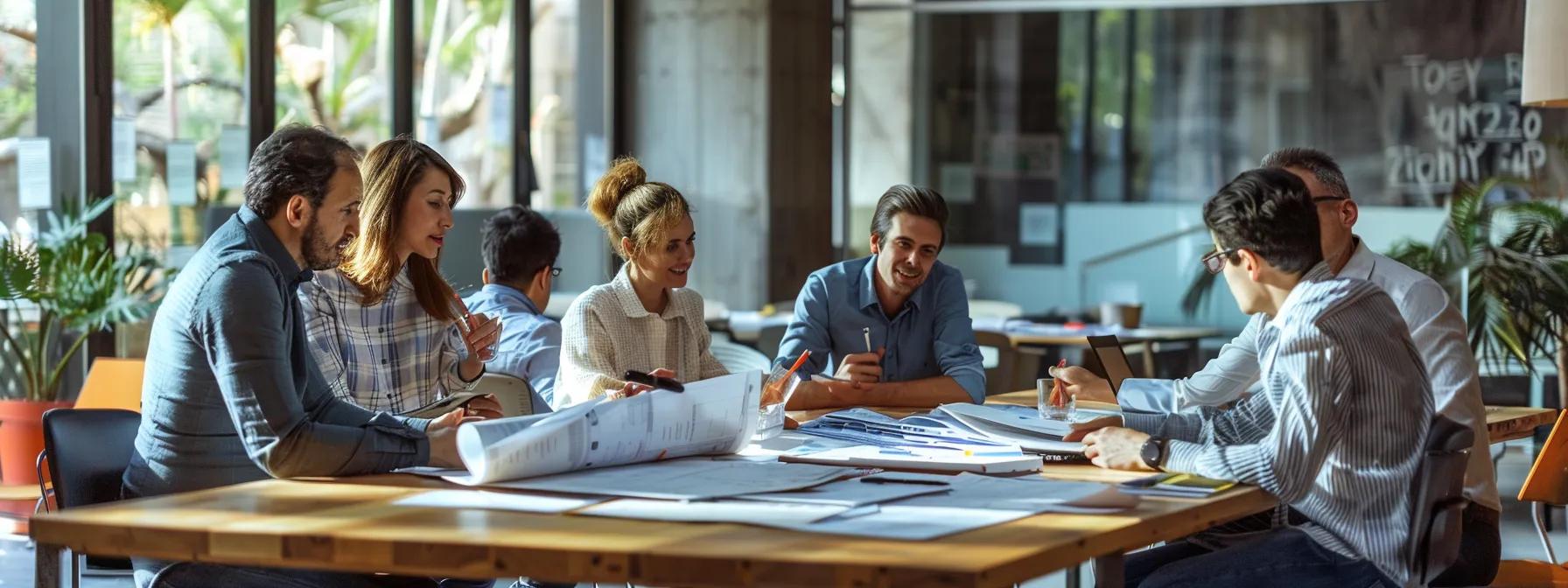 an elegantly designed office meeting space features a diverse group of professionals engaged in a focused discussion around a large table, with blueprints and project plans spread out, highlighting the importance of communication and quality control in contractor partnerships.